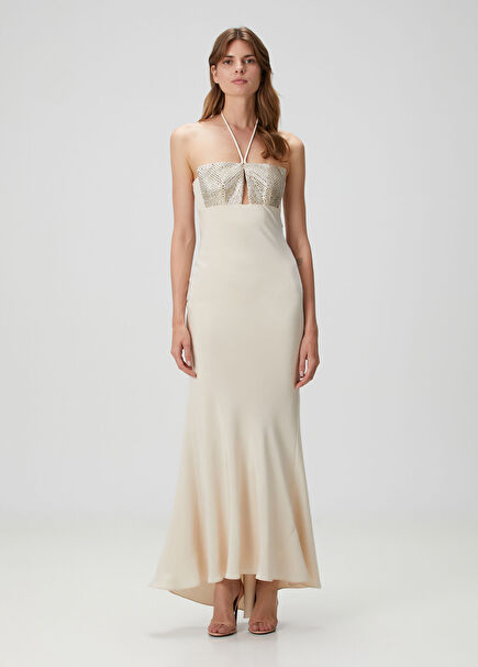 Cream Embellished Maxi Silk Evening Dress