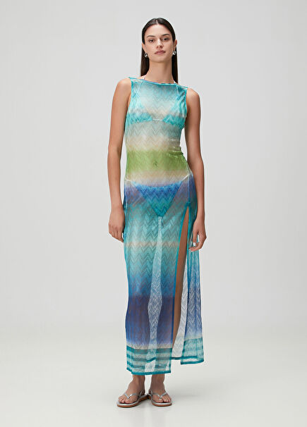 Mavi Zikzak Desenli Maksi Plaj Elbisesi