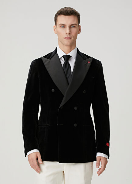 Black Double-Breasted Corduroy Tuxedo Jacket