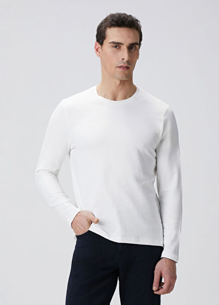 Kırık Beyaz Uzun Kollu Pamuk T-shirt