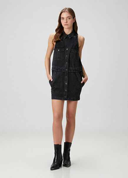 Siyah Mini Denim Elbise
