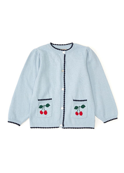 Blue Cherry Jacquard Girl's Wool Cardigan