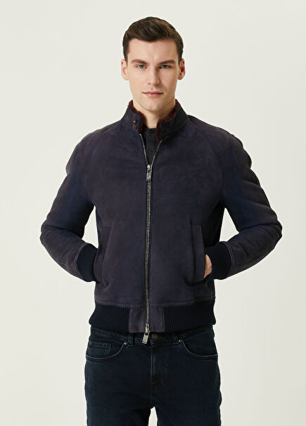 Lacivert Shearling Detaylı Süet Ceket