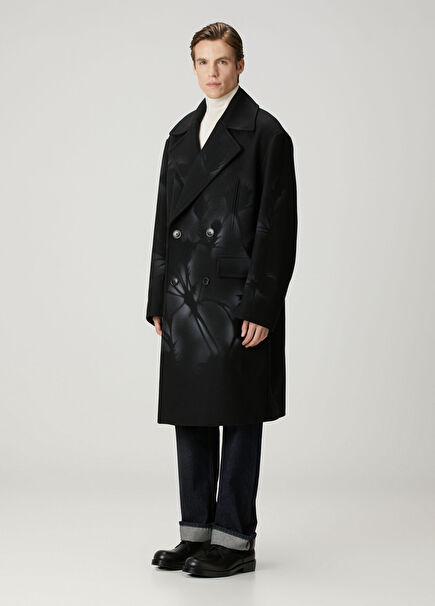 Black Contrast Floral Printed Wool Double-Breasted