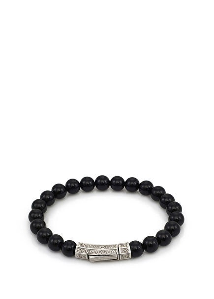 Silver Single Layer Onyx Men's Bracelet