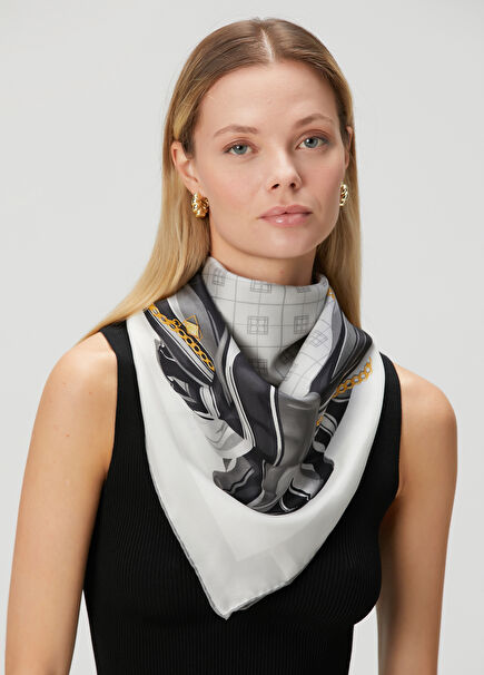 Grey Monogram Patterned Silk Scarf