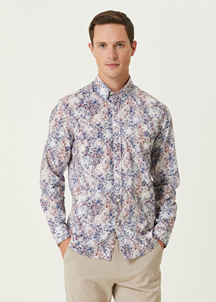 Comfort Fit Indigo Çiçek Desenli Gömlek