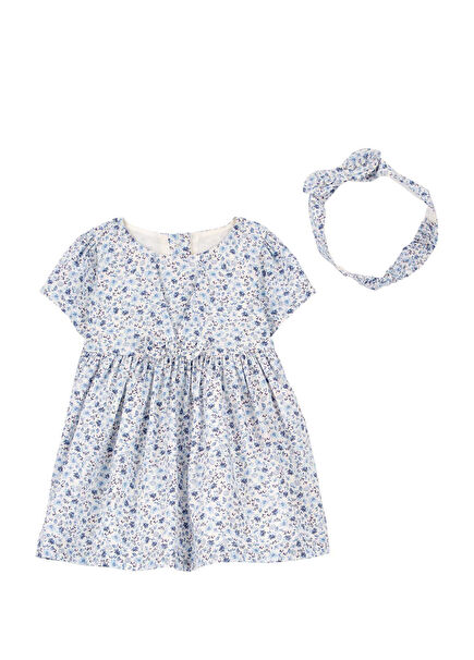 Mavi Çicekli Kısa Kollu Kız Bebek 2'li Elbise Set