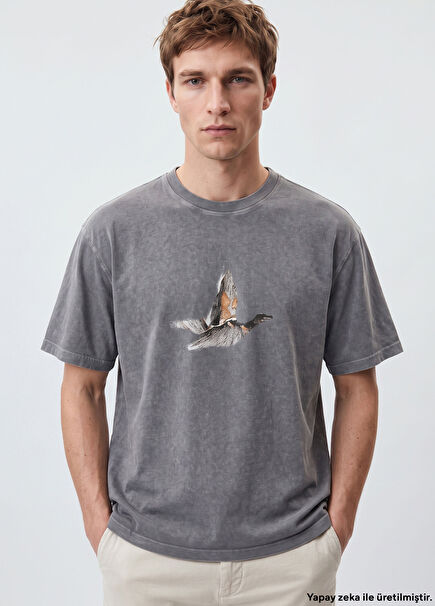 Antrasit Antik Parça Boya Logolu Oversize T-shirt