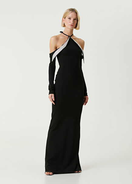 Black Stone Stripe Detailed Maxi Evening Dress