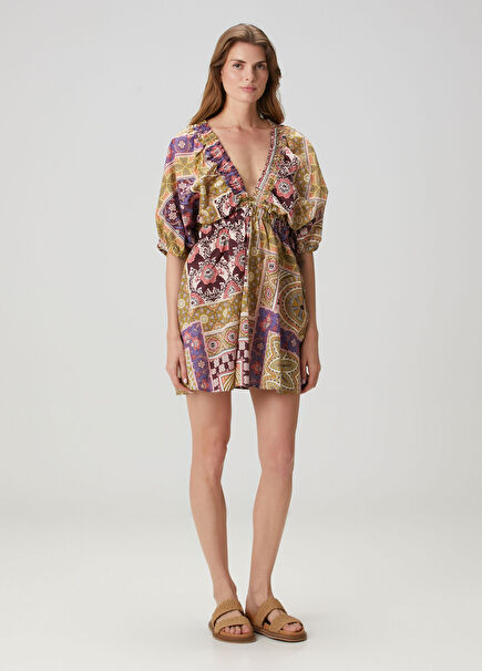 Mor Yeşil Desenli Mini Plaj Elbisesi