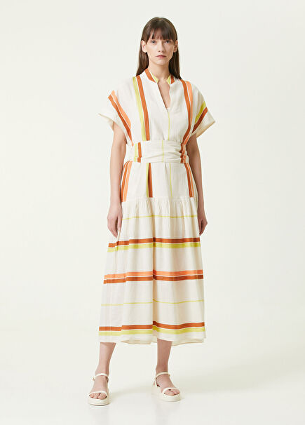 Bej Çizgili Beli Kuşaklı Midi Elbise