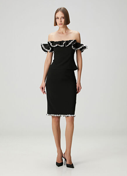 Black Embellished Midi Evening Crepe Skirt