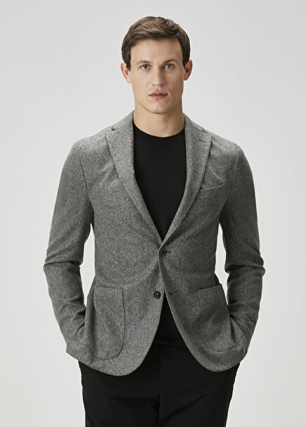 Gri Balıksırtı Desen Jakarlı Yün Ceket