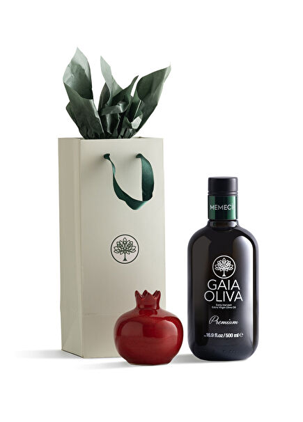 Premium Memecik Early Harvest Natural Extra Virgin Olive Oil 500 ml and Handmade Decorative Pomegranate Gift Set