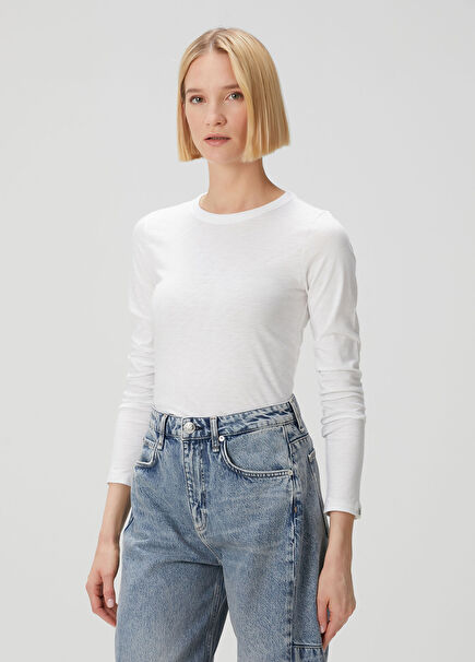 Slub Beyaz Uzun Kol T-shirt