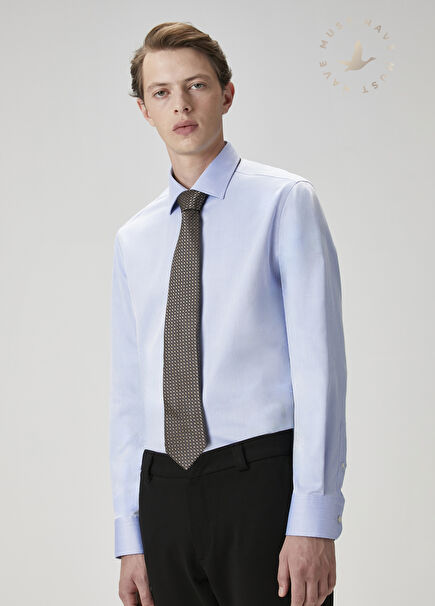 Comfort Fit Koyu Mavi Armürlü Non-iron Gömlek