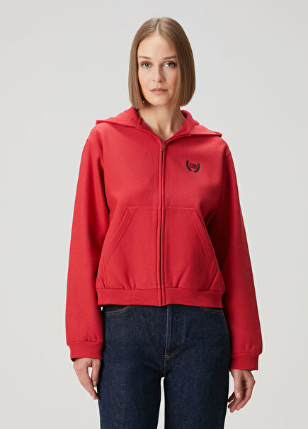 Kırmızı Kapüşonlu Fermuarlı Sweatshirt