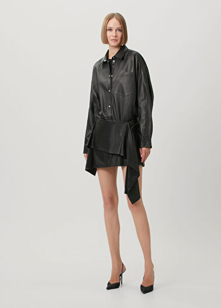 Black Draped Mini Leather Skirt