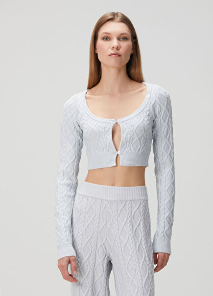 Açık Mavi Crop Triko Hırka