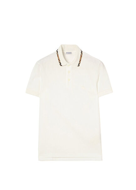 Check Trim Pamuklu Beyaz Polo Yaka Kısa Kollu Erkek T-Shirt