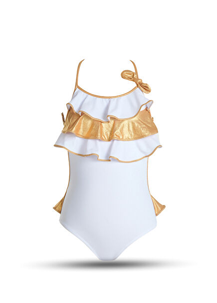 White Ruffled Ribbon Detail Halter Neck Girls Swimsuit