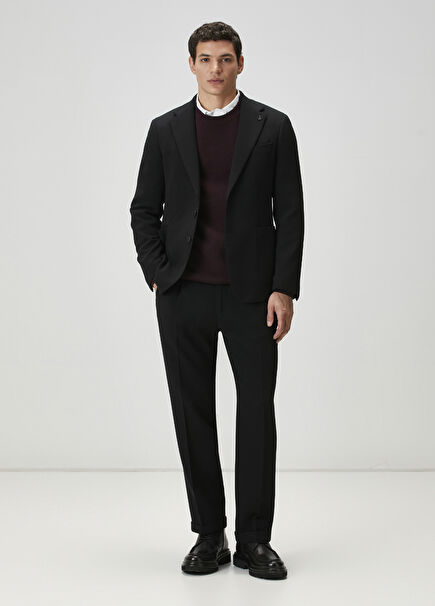 Black Pleated Crinckle Wool Trousers