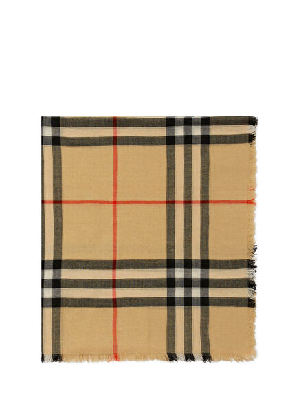 Check Wool Beige Wool Women's Scarf