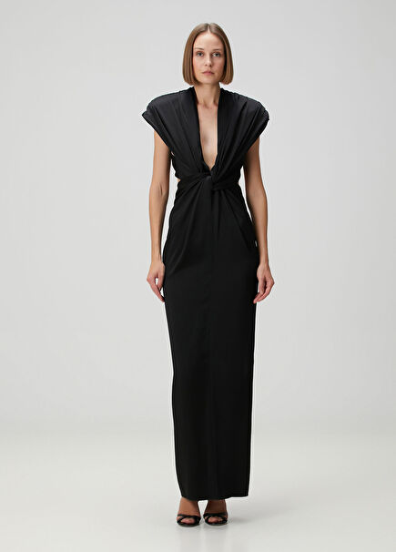 Black Draped Maxi Evening Dress