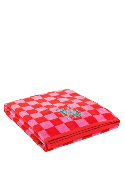 Tabea Embroidered Pink Red Checkered Velvet Cotton Bath Towel 90 x 150 cm