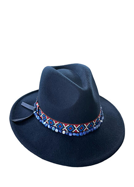 Navy Blue Beaded Band Detailed Women's Wool Hat