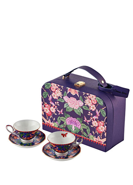 Flower Garden Blue Porcelain Coffee Cup Set with Leather Bag