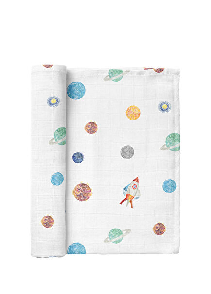 Space Planet White Patterned Cotton Muslin Cover 115 x 115 cm