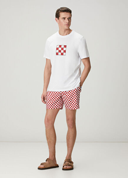 Red White Goose Checkers Patterned Long Swimsuit