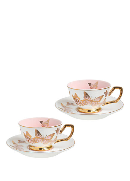 Kelebek Desenli Bone China Beyaz 2'li Kahve Fincanı