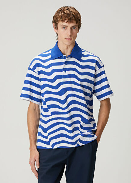 Ego Blue White Polo Neck T-Shirt