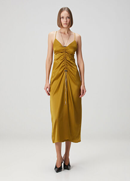 Gold Drape Detaylı İpek Midi Abiye Elbise