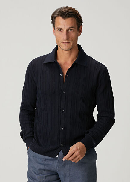 Lacivert Ajurlu Keten Triko Gömlek