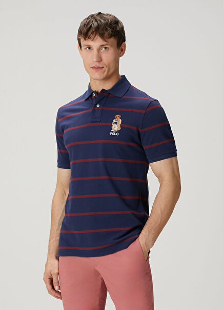 Navy Blue Striped Patterned Polo T-Shirt