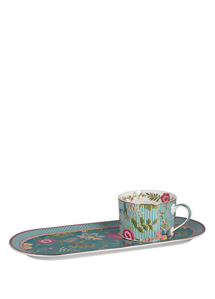 Florine Bone Renkli Porselen Tek Kişilik Tepsili Çay Fincanı Seti