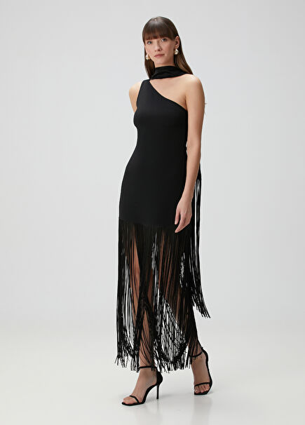 Black Foulard Detailed Maxi Evening Dress