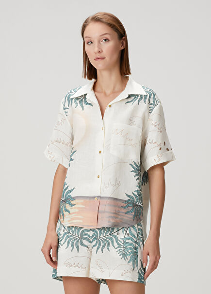 Zelda Cream Figure Print Linen Shirt