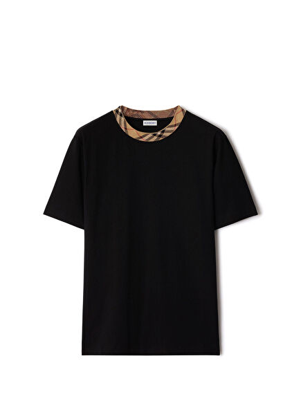 Siyah Ribbed Örgü Yaka Kısa Kollu Erkek T-Shirt