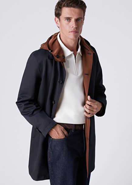 Navy Blue Tan Hooded Reversible Overcoat