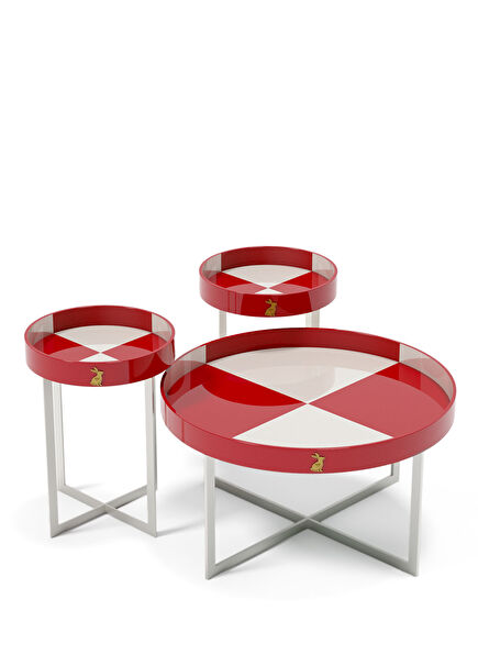 Red and White Checkered Lacquered 3-Piece Coffee Table Set