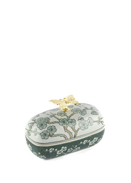Yeşil Porselen Bahar Dalı Kapaklı Dekoratif Kutu
