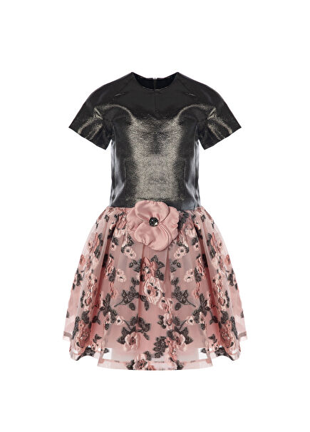 Kahverengi Çiçek Jakarlı Bluz Etek Kız Çocuk 2'li Set