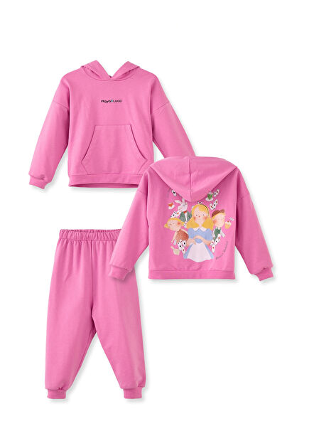 Pembe Alice Desenli Pamuk Kapüşonlu Kız Çocuk Eşofman Takımı
