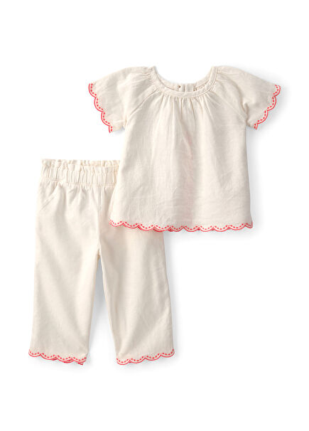 Beige Short Sleeve Blouse and Pants Baby Girl Set of 2