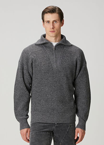 Benny Koyu Gri Yakası Fermuarlı Yün Kazak